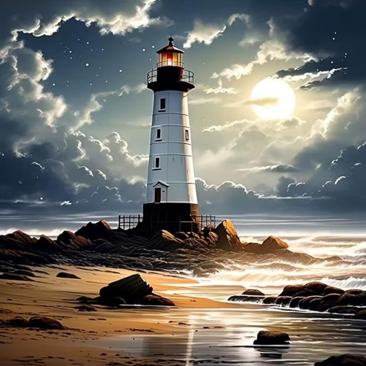 5D DIY Beach Landscape Diamond Painting Kits for Adults,Lighthouse Landscape Full Drill Embroidery Cross Stitch Crystal Rhinestone Paintings Arts Wall Decor Painting Dots Kits 13.7X13.7 inch